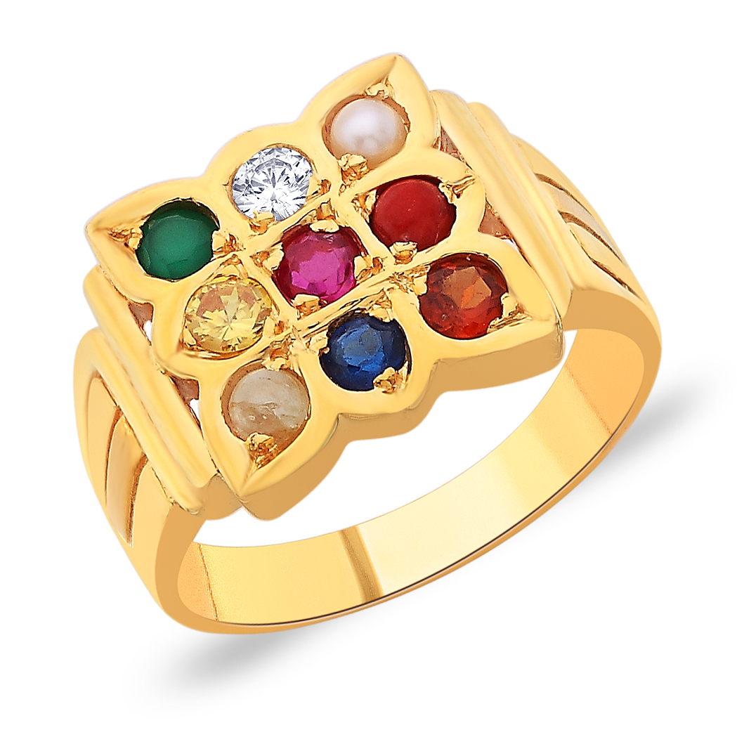 18K Yellow Gold Diamond Navratna Ring with Gemstones
